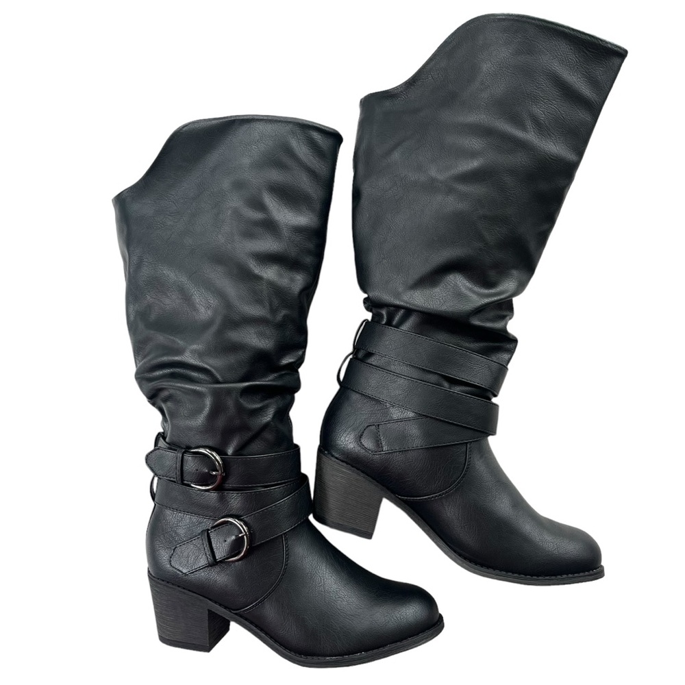 Journee Collection Women’s Size 8 WC Black, Late Knee High Boots In Faux Leather